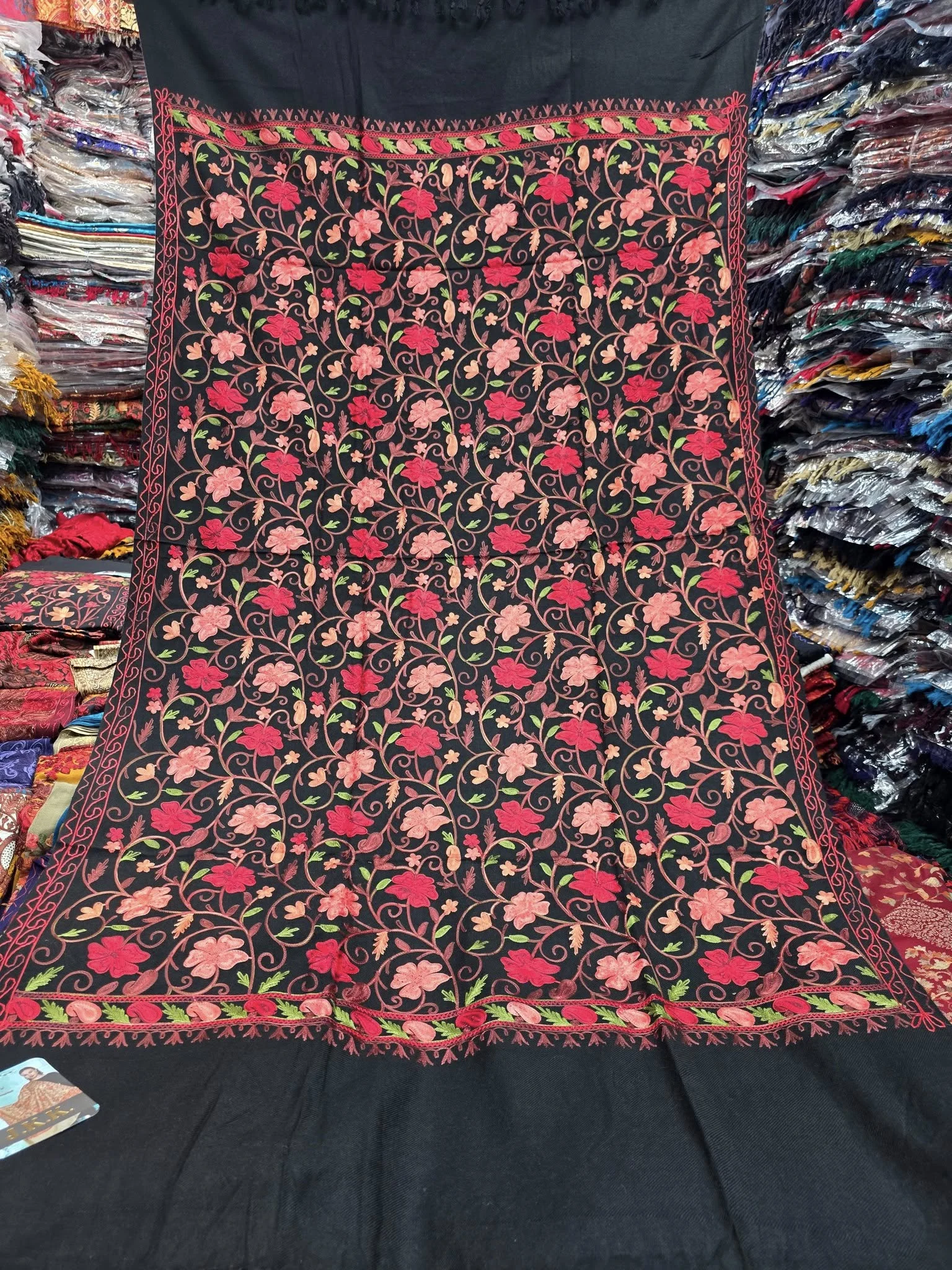 tunning Black Kashmiri Shawl with Heavy Red Floral Stunning Black Kashmiri Shawl