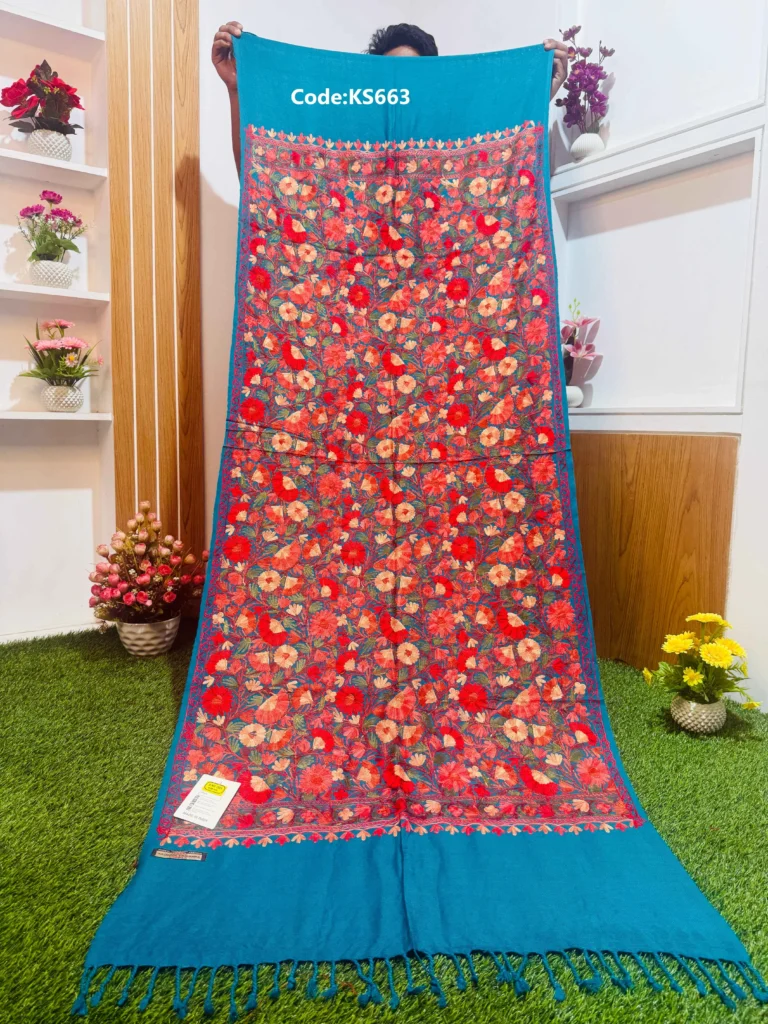 Azure Blue Kashmiri Shawl with heavy red floral Jaal embroidery - KS663