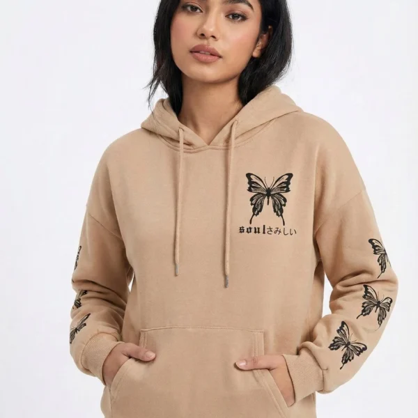 Beige Girls Hoodie With Black Butterfly Sleeve Print 320 Gsm Winter Fashion Bangladesh Hd18 (1)