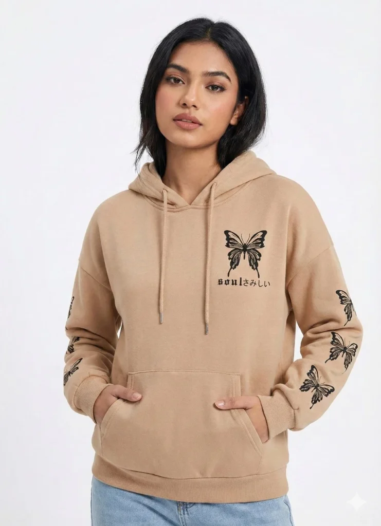 Beige Girls Hoodie With Black Butterfly Sleeve Print 320 Gsm Winter Fashion Bangladesh Hd18 (1)