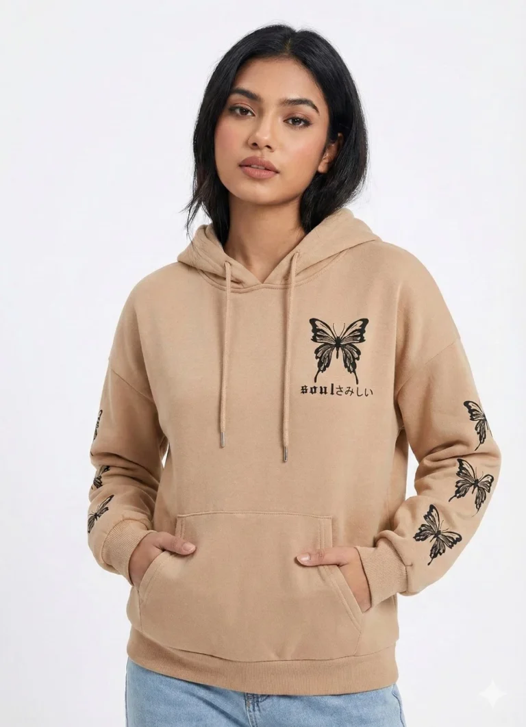 Beige girls hoodie with black butterfly sleeve print 320 gsm winter fashion bangladesh HD18 (1)