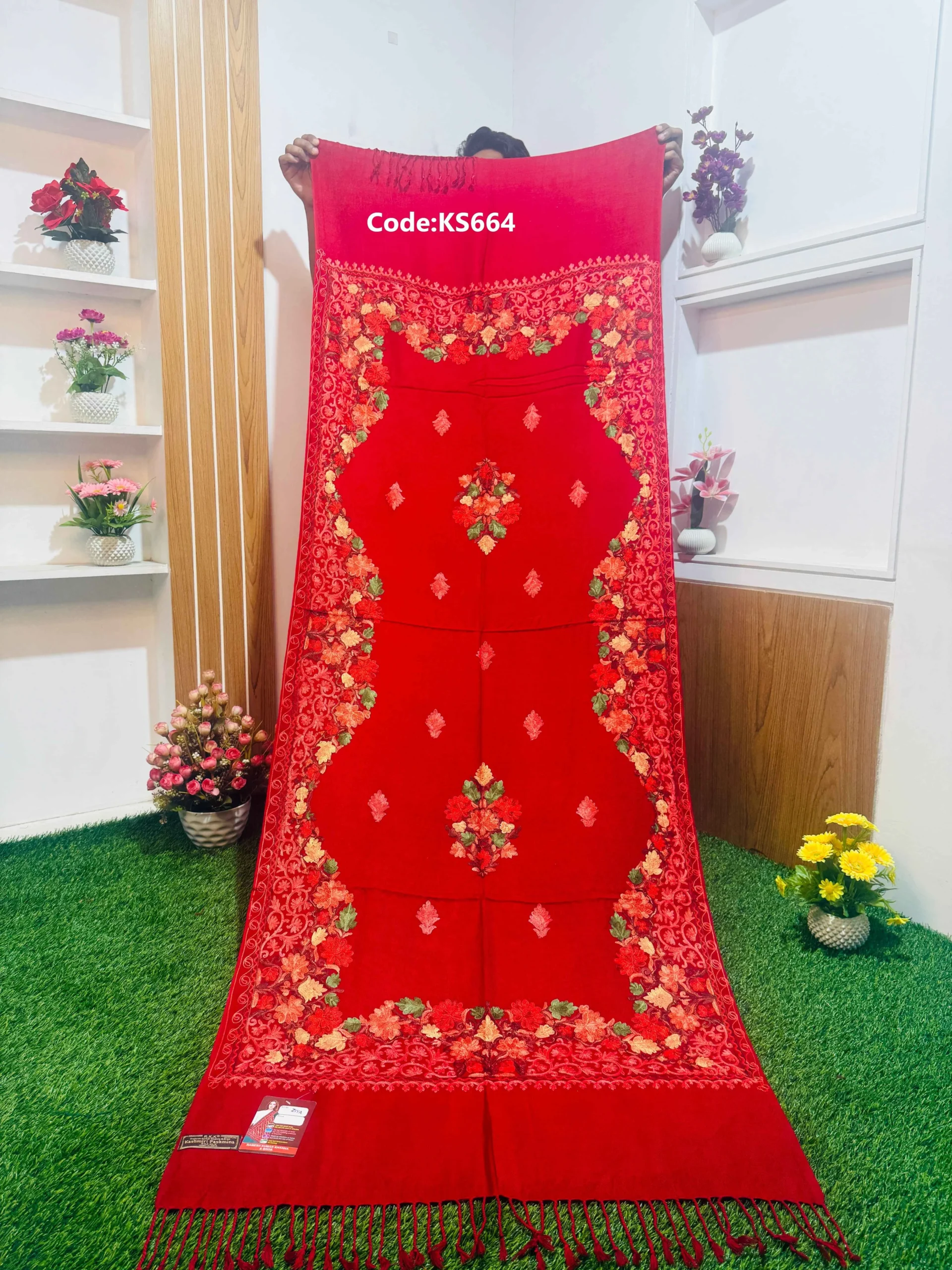 Deep Red Kashmiri Shawl with floral border and central motif - KS664 Deep Red Kashmiri Shawl