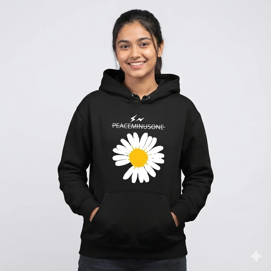 HD15 Trendy Girls Hoodie - Black Color - Sunflower Design - Image 1