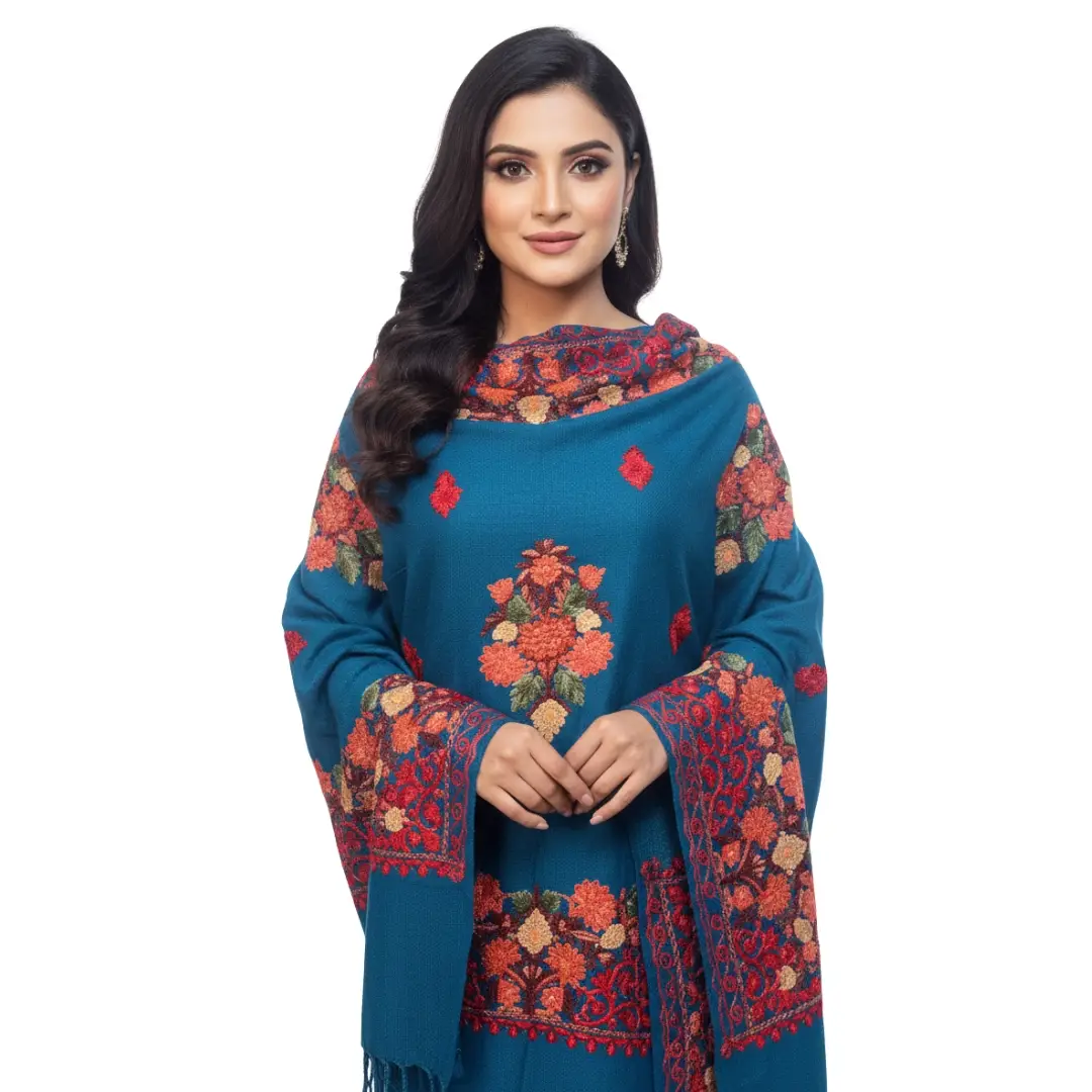 Real Blue Kashmiri Shawl with red floral border and central medallions - KS674 Real Blue Kashmiri Shawl With Red Floral Border And Central Medallions - Ks674